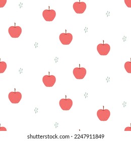 Seamless vector pattern with cute hand drawn red apples. Fun design. Summer fruity background for kids room decor, nursery art, packaging, apparel, gift, wrapping paper, textile, fabric, wallpaper.