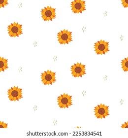 Seamless vector pattern with cute hand drawn sunflowers. Abstract floral texture. Fun design. Summer theme background for wrapping paper, textile, card, gift, fabric, wallpaper, packaging, apparel.