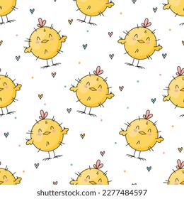 Seamless vector pattern with cute hand drawn chickens. Kawaii Easter texture. Funny baby chick background for kids room decor, nursery art, packaging, wrapping paper, textile, fabric, wallpaper, gift.