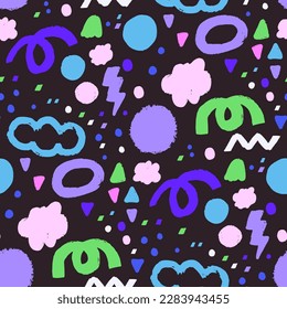 Seamless vector pattern with cute hand drawn shapes on dark background. Perfect for wallpaper, textile or print design.
