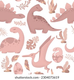 Seamless vector pattern with cute hand drawn cartoon dinosaurs, leaves and branches isolated on white background. Boho illustration for card,  textile, nursery decoration, wallpaper, print