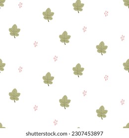 Seamless vector pattern with cute hand drawn leaves. Abstract floral illustration. Simple summer background with foliage for wrapping paper, textile, card, gift, fabric, wallpaper, packaging, apparel.