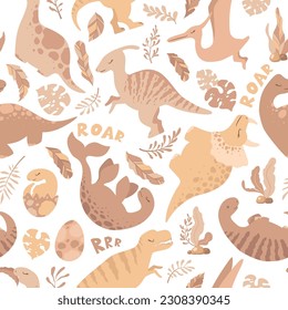 Seamless vector pattern with cute hand drawn cartoon dinosaurs, leaves and branches isolated on white background. Boho illustration for nursery decoration, card, textile, wallpaper, print
