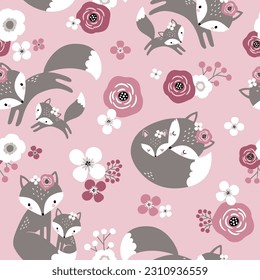 Seamless vector pattern with cute hand drawn fox family and flowers on pink background. Perfect for textile, wallpaper or print design.