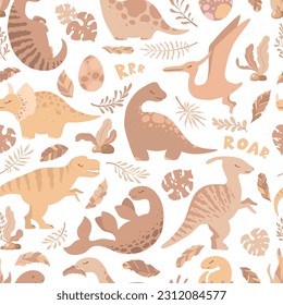 Seamless vector pattern with cute hand drawn cartoon dinosaurs, leaves and branches isolated on white background. Boho illustration for card, nursery decoration, print, wallpaper, textile