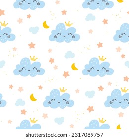 Seamless vector pattern with cute hand drawn clouds smiling faces. Fun background for kids room decor, nursery art, print, fabric, wallpaper, wrapping paper, textile, apparel, gift, packaging.