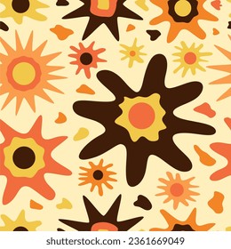 Seamless vector pattern with cute hand drawn sun or flowers. Abstract floral texture. Fun design. Summer theme