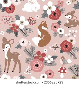 Seamless vector pattern with cute hand drawn woodland animals and flowers and berries. Perfect for textile, wallpaper or print design.