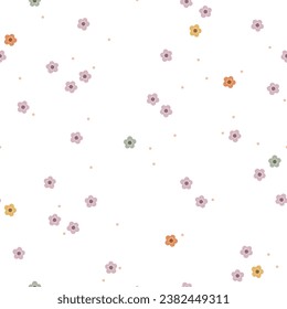 Seamless vector pattern with cute hand drawn flowers and polka dots. Minimalistic Easter motif. Scandi theme background for apparel, fabric, wallpaper, textile, packaging, print, gift, wrapping paper.