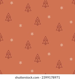 Seamless vector pattern with cute hand drawn Christmas trees and snowflakes. Fun winter theme outline background for wrapping paper, textile, card, gift, fabric, wallpaper, packaging, apparel.