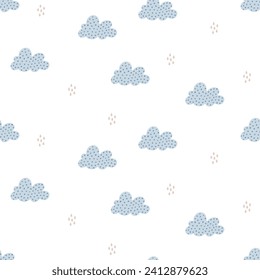 Seamless vector pattern with cute hand drawn clouds and raindrops. Scandi theme illustration. Simple background for wrapping paper, textile, card, gift, fabric, wallpaper, packaging, apparel.