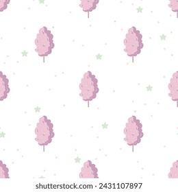 Seamless vector pattern with cute hand drawn cotton candy flossing sugar and star. Fun background for kids room decor, nursery art, apparel, gift, fabric, textile, wrapping paper, wallpaper, packaging