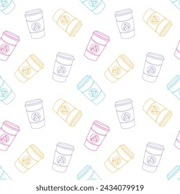 Seamless vector pattern with cute hand drawn to go coffee cups. Line objects. Colorful palette. Fun background for wrapping paper, textile, print, fabric, wallpaper, card, apparel, packaging.