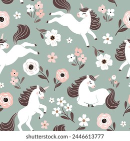 Seamless vector pattern with cute hand drawn unicorns on floral background. Perfect for textile, wallpaper or print design.