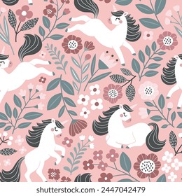 Seamless vector pattern with cute hand drawn unicorns on floral background. Perfect for textile, wallpaper or print design.