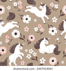 Seamless vector pattern with cute hand drawn unicorns on floral background. Perfect for textile, wallpaper or print design.