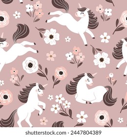 Seamless vector pattern with cute hand drawn unicorns on floral background. Perfect for textile, wallpaper or print design.