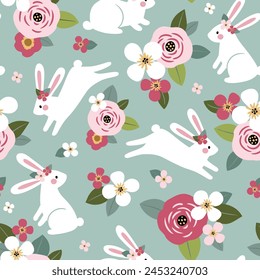 
Seamless vector pattern with cute, hand drawn white rabbits on floral background. Perfect for textile, wallpaper or print design.
