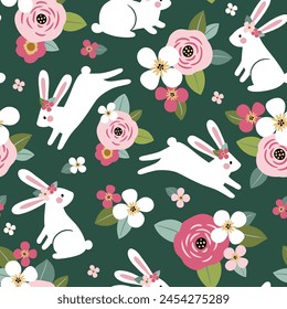 
Seamless vector pattern with cute, hand drawn white rabbits on floral background. Perfect for textile, wallpaper or print design.
