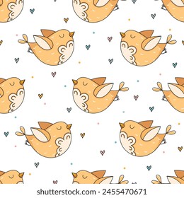 Seamless vector pattern with cute hand drawn birds. Kawaii summer texture. Funny childish background for kids room decor, nursery art, packaging, wrapping paper, textile, fabric, wallpaper, gift.