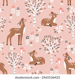 Seamless vector pattern with cute hand drawn fawn, birch trees, mushrooms and flowers. Perfect for textile, wallpaper or nursery print design.