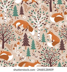 Seamless vector pattern with cute hand drawn fox, birch trees, leaves, mushrooms and flowers. Perfect for textile, wallpaper or nursery print design.