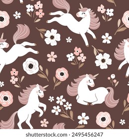 Seamless vector pattern with cute hand drawn unicorns on floral background. Perfect for textile, wallpaper or print design.