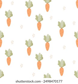 Seamless vector pattern with cute hand drawn carrots. Easter theme background with fun vegetables for kids room decor, nursery art, packaging, apparel, gift, wrapping paper, textile, fabric, wallpaper