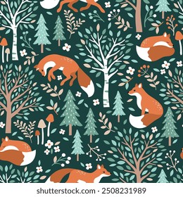 Seamless vector pattern with cute hand drawn fox, birch trees, leaves, mushrooms and flowers. Perfect for textile, wallpaper or nursery print design.