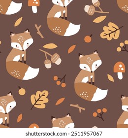 Seamless vector pattern with cute hand drawn fox, moon and stars. Perfect for textile, wallpaper or nursery print design. EPS 10 vector file.