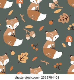 Seamless vector pattern with cute hand drawn fox, moon and stars. Perfect for textile, wallpaper or nursery print design. EPS 10 vector file.