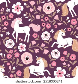 Patrón de Vector sin fisuras con lindos unicornios dibujados a mano sobre fondo floral. Perfecto para el diseño textil, Fondo de pantalla o estampado. Archivo de Vector EPS 10.