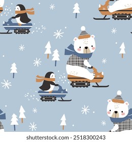 Seamless vector pattern with cute hand drawn polar bear and penguin on snowmobile. Perfect for textile, wallpaper or nursery print design. EPS 10 vector file.