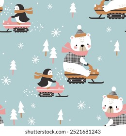 Seamless vector pattern with cute hand drawn polar bear and penguin on snowmobile. Perfect for textile, wallpaper or nursery print design. EPS 10 vector file.