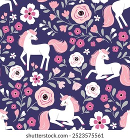 Seamless vector pattern with cute hand drawn unicorns on floral background. Perfect for textile, wallpaper or print design. EPS 10 vector file.