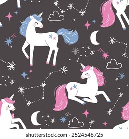 Patrón de Vector sin fisuras con lindos unicornios dibujados a mano, estrellas y luna. Perfecto para la tela, el Fondo de pantalla, el papel de embalaje o la decoración del vivero. Archivo de Vector EPS 10.