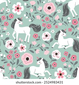 Seamless vector pattern with cute hand drawn unicorns on floral background. Perfect for textile, wallpaper or print design. EPS 10 vector file.