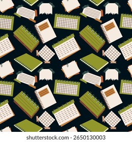 Padrão de vetor contínuo com bonito mão desenhado material escolar e atributos em cores quentes. Perfeito para material escolar, papelaria, estampas de tecido, desenhos infantis e materiais educacionais.
