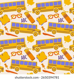 Padrão de vetor contínuo com bonito mão desenhado material escolar e atributos em cores quentes. Perfeito para material escolar, papelaria, estampas de tecido, desenhos infantis e materiais educacionais.