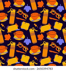 Padrão de vetor contínuo com bonito mão desenhado material escolar e atributos em cores quentes. Perfeito para material escolar, papelaria, estampas de tecido, desenhos infantis e materiais educacionais.
