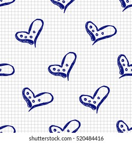 Seamless vector pattern with cute hand drawn hearts. Blue and white vector hand drawn background on the checkered paper Graphic vector hand drawn illustration. 