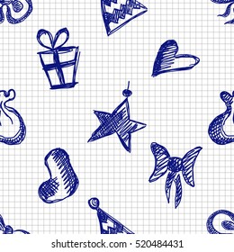Seamless vector pattern with cute hand drawn fir trees, gifts, bows, christmas toys. Blue and white seasonal winter vector background on the checkered paper Graphic vector hand drawn illustration. 
