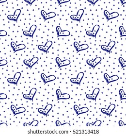 Seamless vector pattern with cute hand drawn hearts and dots. Blue and white background on the checkered paper Graphic illustration