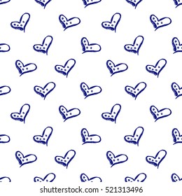 Seamless vector pattern with cute hand drawn hearts. Blue and white background on the checkered paper Graphic illustration