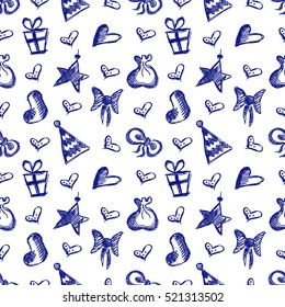 Seamless vector pattern with cute hand drawn fir trees, gifts, hearts, bows, christmas toys. Blue and white seasonal winter background on the checkered paper Graphic illustration