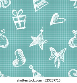 Seamless vector pattern with cute hand drawn fir trees, gifts, hearts, bows, christmas toys. Blue and white seasonal winter background on the checkered paper Graphic illustration. 