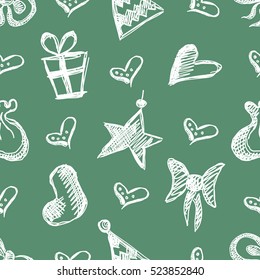 Seamless vector pattern with cute hand drawn fir trees, gifts, hearts, bows, christmas toys. Green and white seasonal winter background on the checkered paper Graphic illustration. 