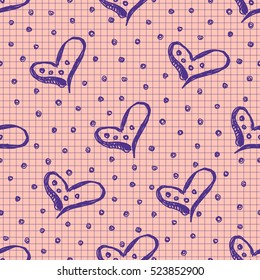 Seamless vector pattern with cute hand drawn hearts and dots. Pink background on the checkered paper Graphic illustration. 