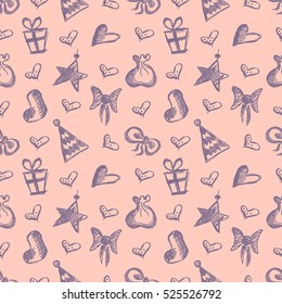 Seamless vector pattern with cute hand drawn fir trees, gifts, hearts, bows, christmas toys. Pink seasonal winter background on the checkered paper Graphic illustration 