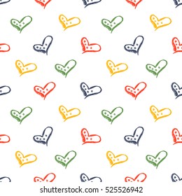 Seamless vector pattern with cute hand drawn hearts and dots. Colorful background. Graphic illustration